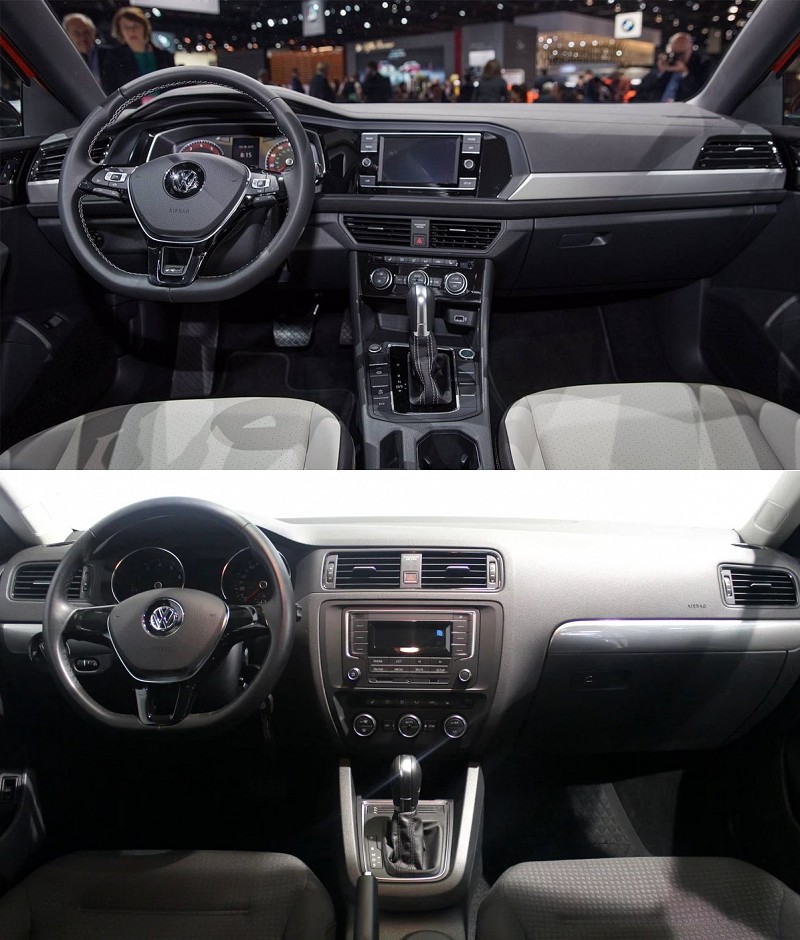 На фото, вверху передняя панель нового Volkswagen Jetta, внизу предыдущего поколения 